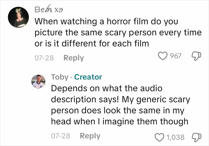 Commenter asks about visual imagination in horror films, with answers giving insight into experiences of an actual blind person.