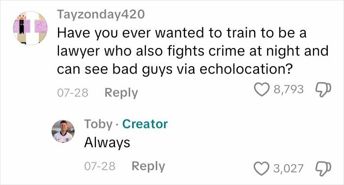 Comment conversation about training as a lawyer who fights crime using echolocation, related to being blind.