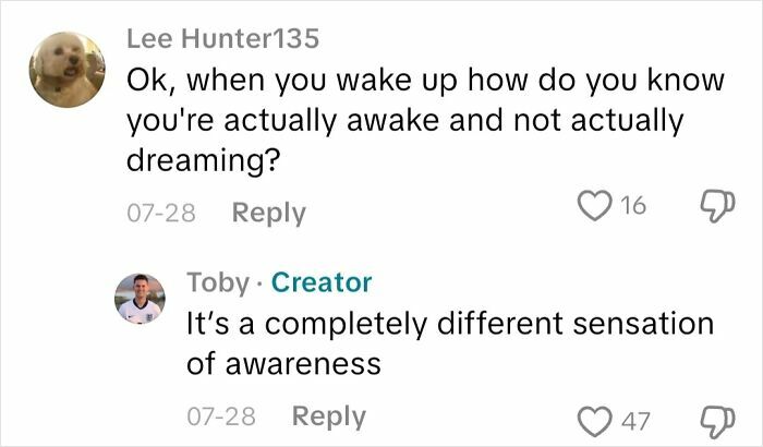 Commenter asks how to know when awake versus dreaming, blind creator explains it's a different sensation of awareness