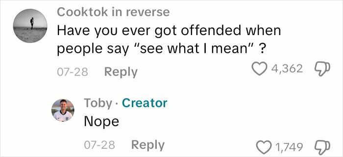 Screenshot of a comment asking about offense from "see what I mean" phrase and a blind person's brief reply.