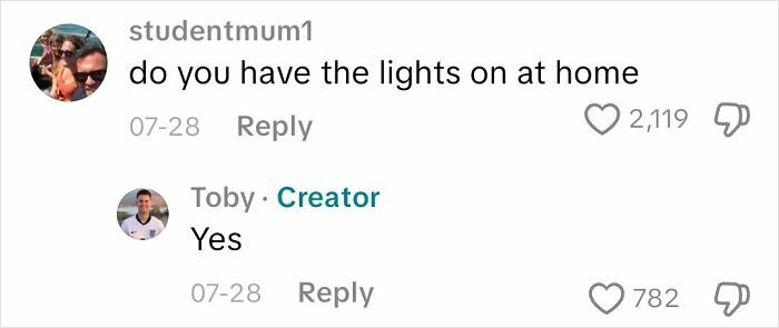 Comment asking if lights are on at home and reply saying yes in a discussion about what it's like to not see from a blind person.