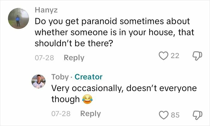 Comments in a conversation where a blind person answers questions about not being able to see, discussing paranoia.