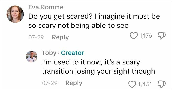 Comments about fear and transitioning to blindness from an actual blind person answering questions about not being able to see.