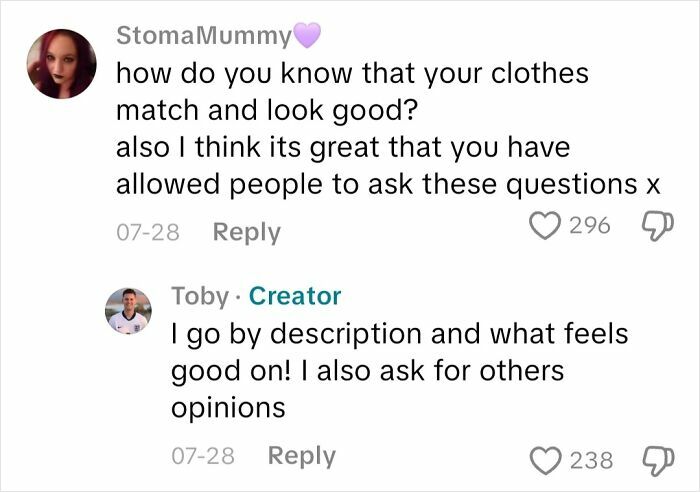 Screenshot of comments where a blind person answers how they know their clothes match, highlighting insights on blindness experience.