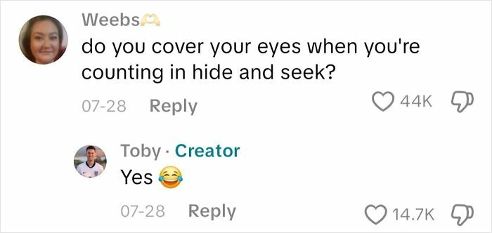 Screenshot of a social media conversation about experiences of not seeing, featuring a question and a humorous response from a blind person.