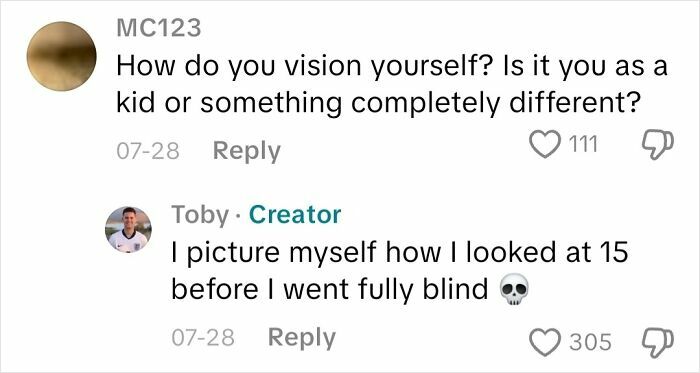 Comment exchange about vision and blindness, featuring a creator sharing their experience before going fully blind.