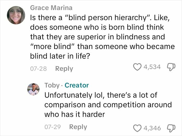 Comment exchange about blind person hierarchy and differences in experiences from an actual blind person response.