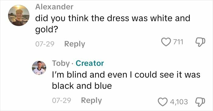 Conversation screenshot with blind person explaining perception of dress colors, illustrating insights on what it’s like to not see.
