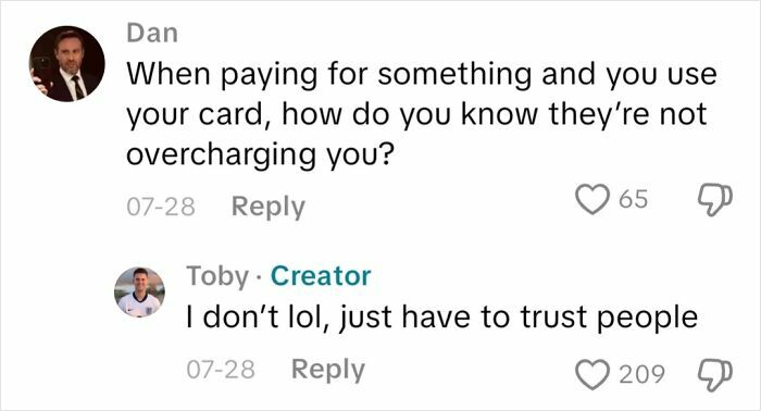 Comment exchange about trusting others when paying by card, illustrating real blind person insights on not seeing.
