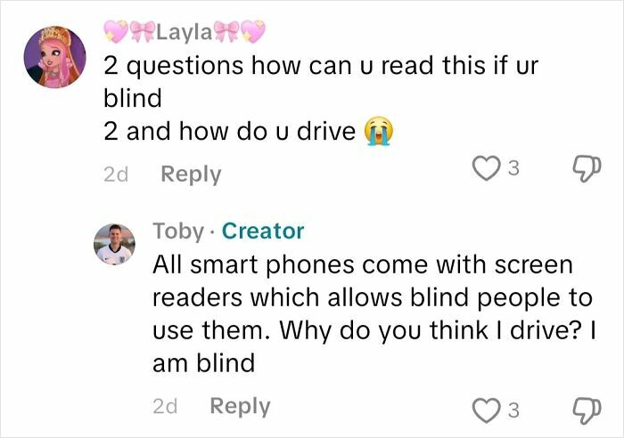 Comment exchange about how blind people use screen readers and misconceptions about blindness and driving.