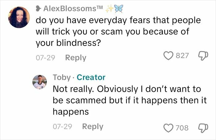 Comment exchange about fears of being scammed due to blindness, featuring answers from an actual blind person.