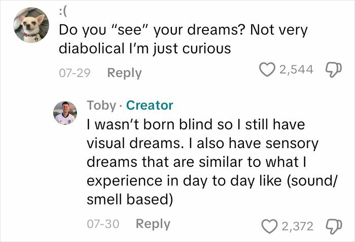 Screenshot of a social media conversation where a blind person explains experiencing visual and sensory dreams.