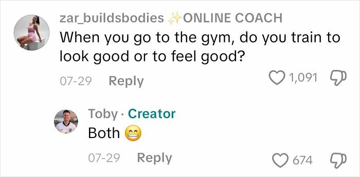 Comment thread with question about gym motivation and response, related to insights from actual blind person perspective.