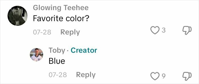Commenter Glowing Teehee asks favorite color, and creator Toby replies blue in a TikTok comment on blindness experience.