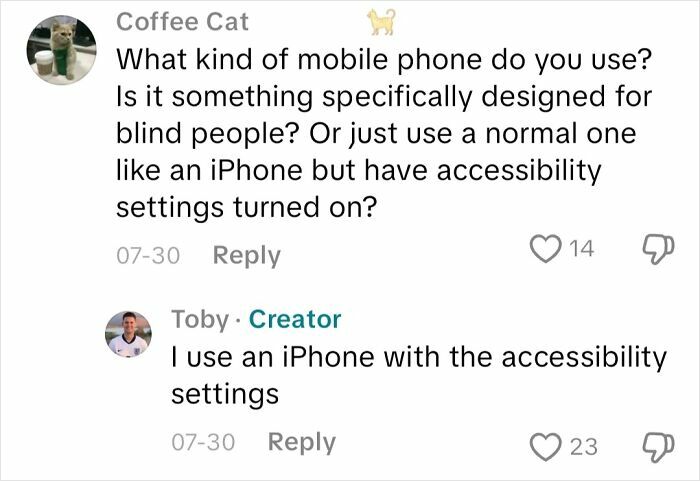 Comment about mobile phones and accessibility settings used by a blind person, discussing blindness experience.