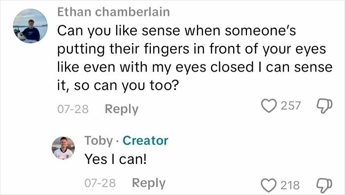 Screenshot of a comment discussion about sensory perception from an actual blind person responding to a question.