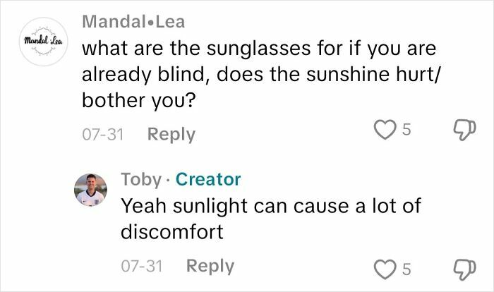 Comments discussing discomfort from sunlight and the experience of not seeing from an actual blind person.