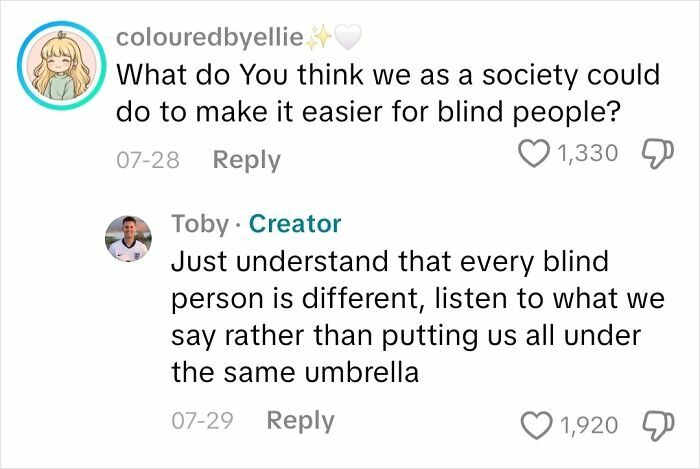 Comment conversation about making life easier for blind people, sharing insights from an actual blind person.