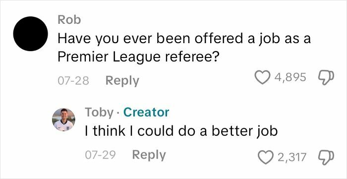 Comment exchange showing a person asking about being a Premier League referee and a blind creator replying about doing a better job.