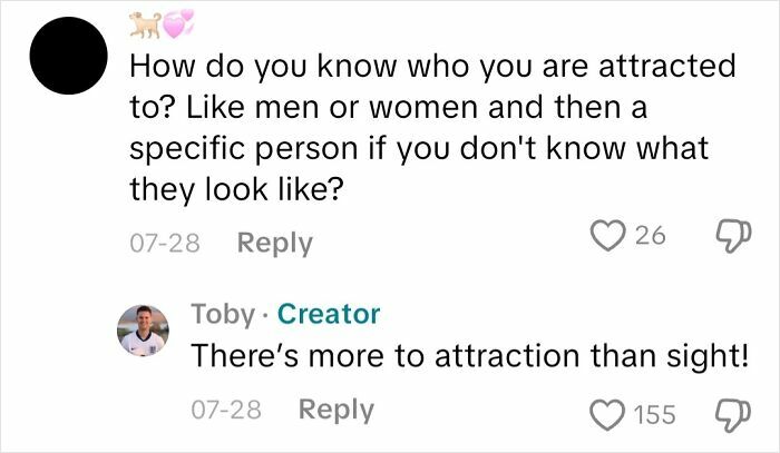 Comment about attraction beyond sight in a Q&A discussing experiences of people who cannot see.