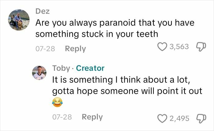 Conversation between two people discussing paranoia about having something stuck in teeth, illustrating perspectives on life from a blind person.