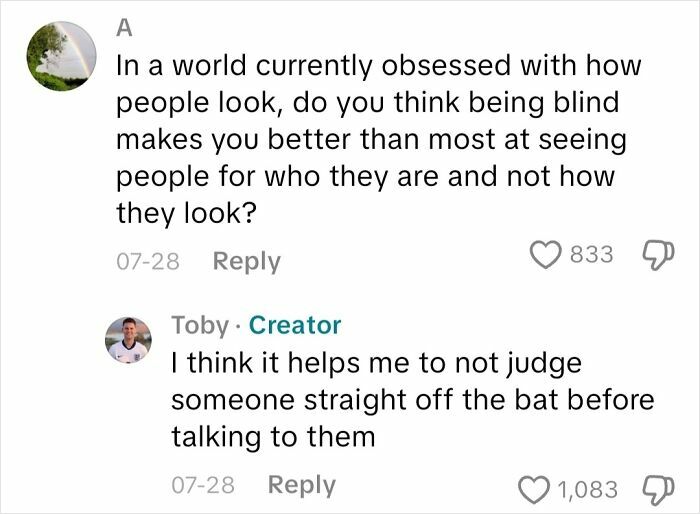 Conversation about how being blind influences perception, focusing on seeing people for who they are beyond appearance.