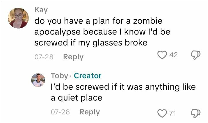 Conversation about planning for a zombie apocalypse and challenges of vision loss from an actual blind person.