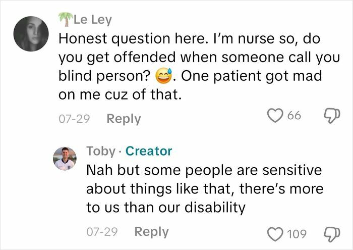 ALT text: Conversation about being blind and addressing sensitivities related to blindness from an actual blind person's perspective
