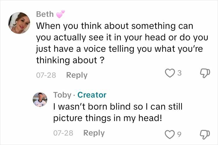 Screenshot of a blind person answering questions about what it’s like to not see in an online discussion.