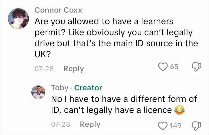 Comments discussing ID permits and legal licenses related to blindness in a conversation from an actual blind person.