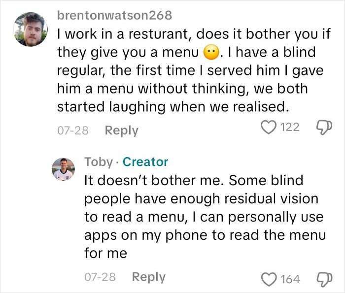 Comments discussing blind people using apps and residual vision to read menus in a restaurant setting.