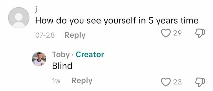 Comment asking about future vision and creator’s reply stating he is blind in a discussion about blindness experiences.