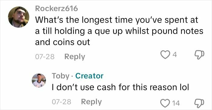 Screenshot of a conversation about cash usage, illustrating real experiences related to what it’s like to not see.