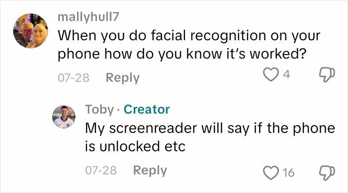 Comment exchange about facial recognition accessibility, answering how blind users know when phone unlocks.