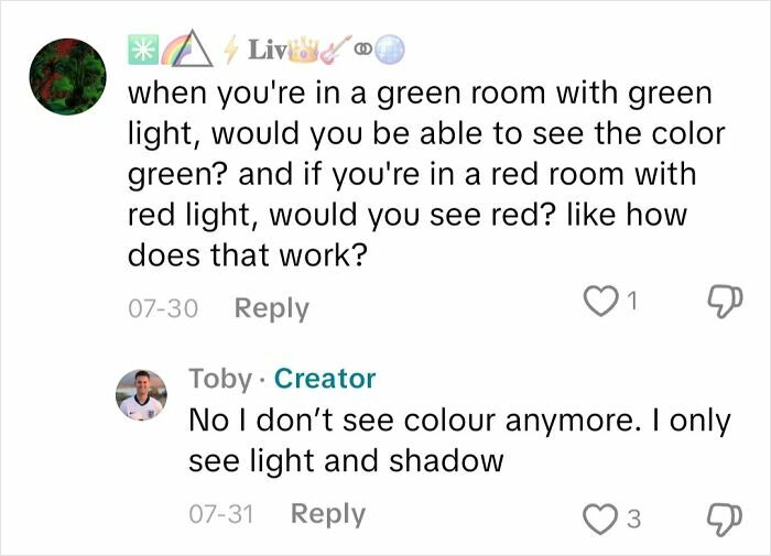 Screenshot of a conversation explaining what it’s like to not see color from an actual blind person.