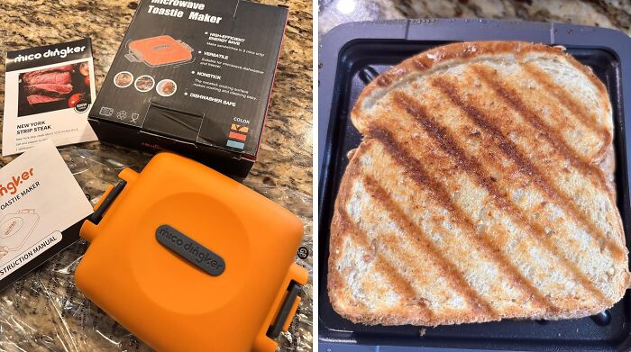Orange microwave toastie maker on kitchen counter next to packaging and a grilled sandwich cooking inside the device.