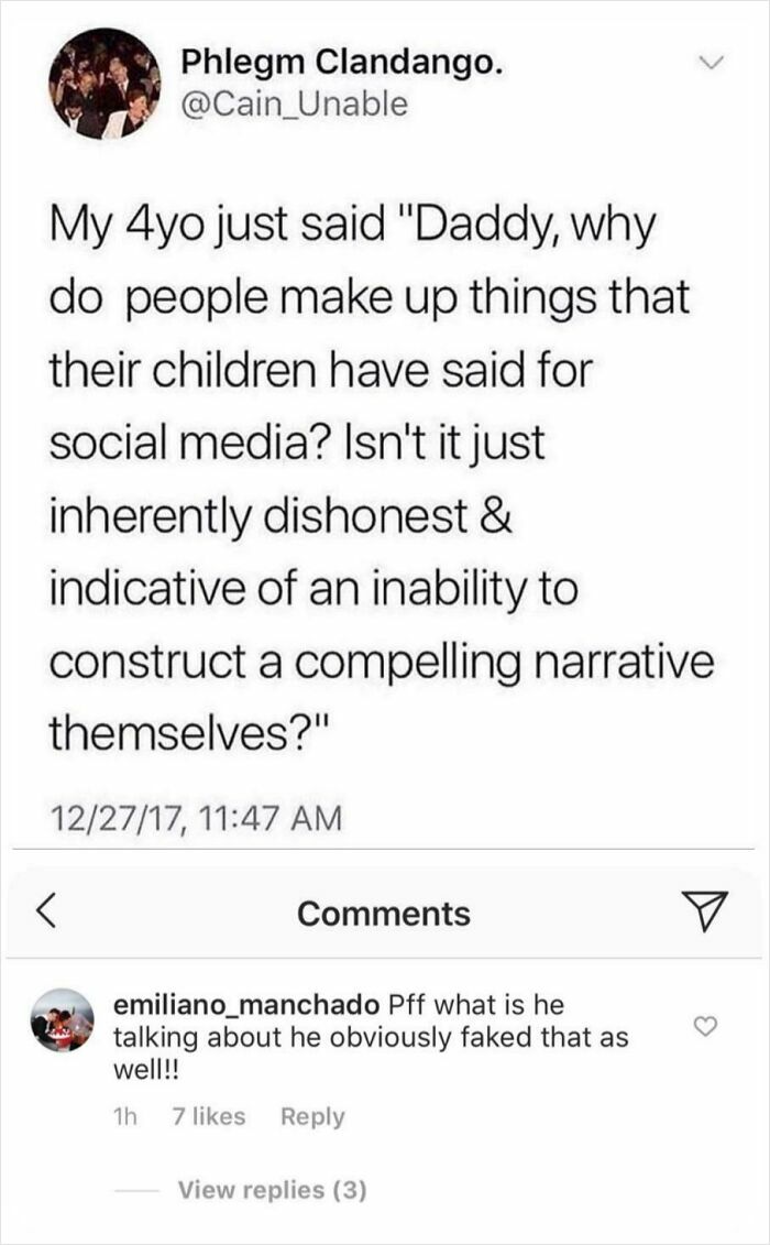 Screenshot of a tweet where a 4-year-old questions why people make up social media stories, missing the joke embarrassingly.