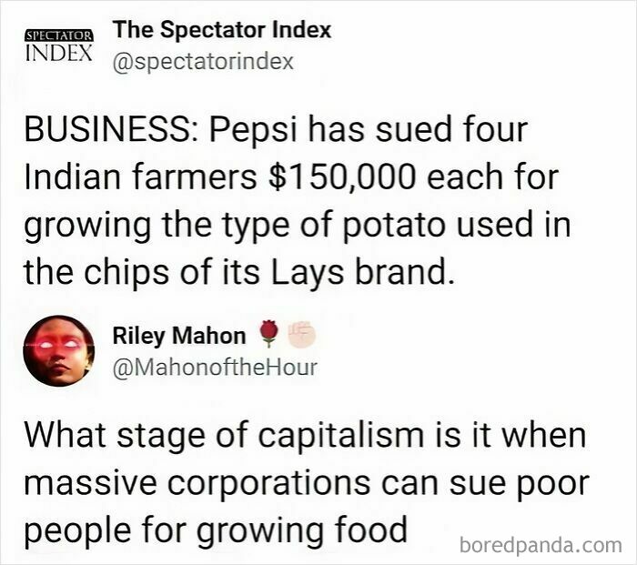 Tweet mocking statists about capitalism, corporations suing farmers, and questioning economic fairness in growing food rights.