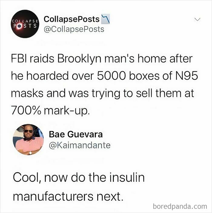 Tweet mocking statists about government raids and profiteering, highlighting anarchist perspective on questionable takes.