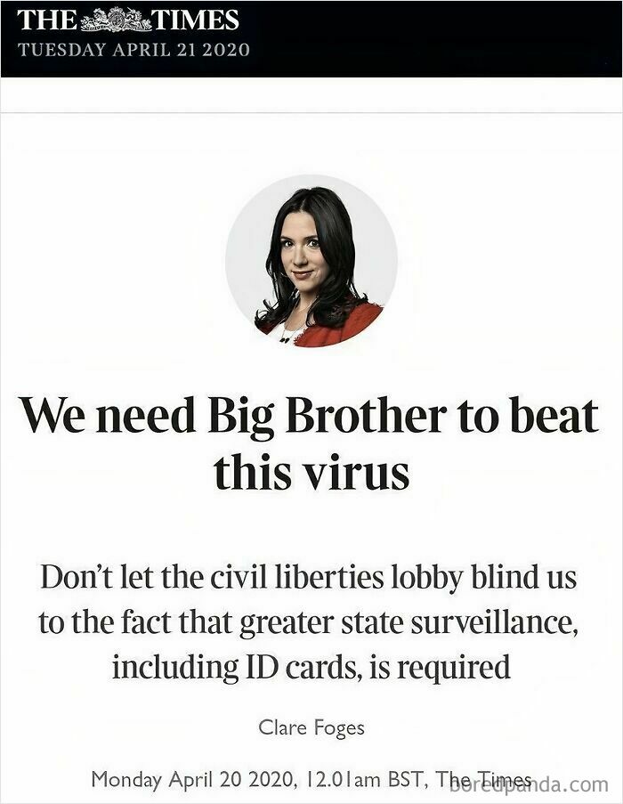 Newspaper clipping with a quote supporting state surveillance and ID cards to combat a virus, mocking statist views.