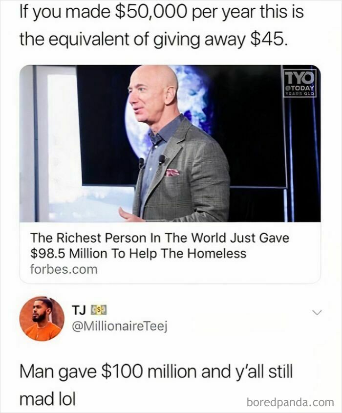 Anarchists mocking statists with a tweet about millionaire donations and questioning their takes on wealth redistribution.