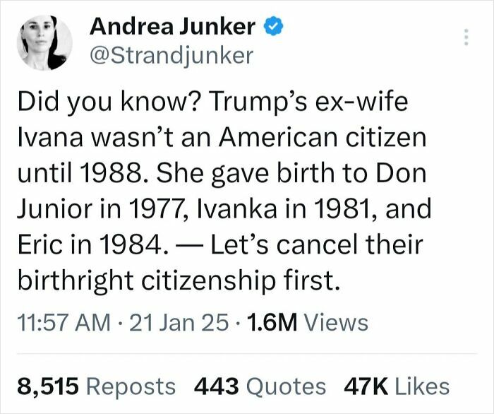 Tweet highlighting a facepalm moment about birthright citizenship with flawed logic and public reaction.