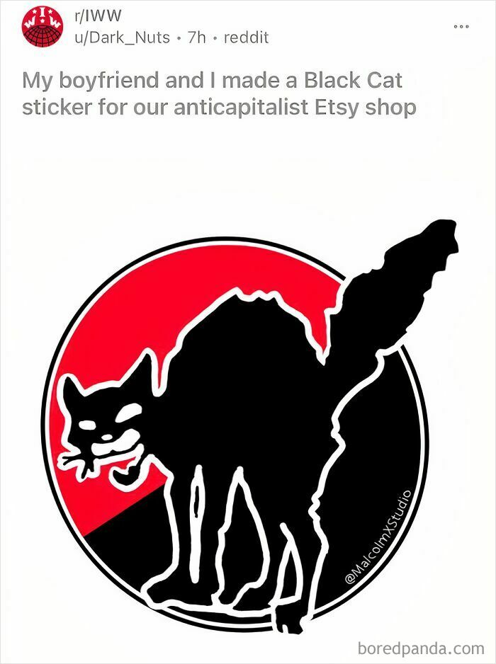 Anticapitalist Black Cat sticker with red and black background, symbolizing anarchists mocking statists on Reddit.