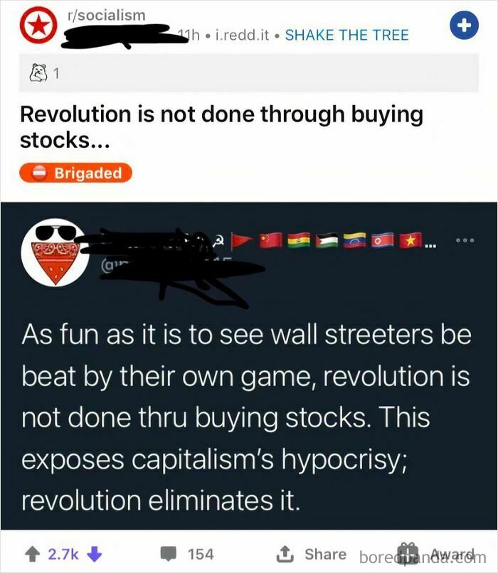 Reddit post from r/socialism mocking buying stocks as a method for revolution, highlighting capitalism’s hypocrisy.