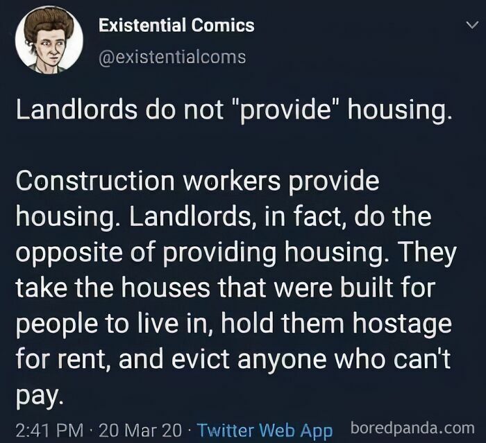 Anarchists mocking statists with a tweet about landlords not providing housing but holding it hostage for rent.