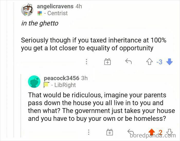 Online exchange mocking statists debating inheritance tax and equality of opportunity in anarchist and statist discussion.