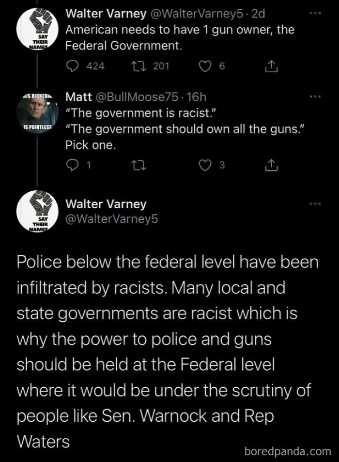 Screenshot of tweets mocking statist views on government control of guns and racism, highlighting anarchist critiques of statist logic.