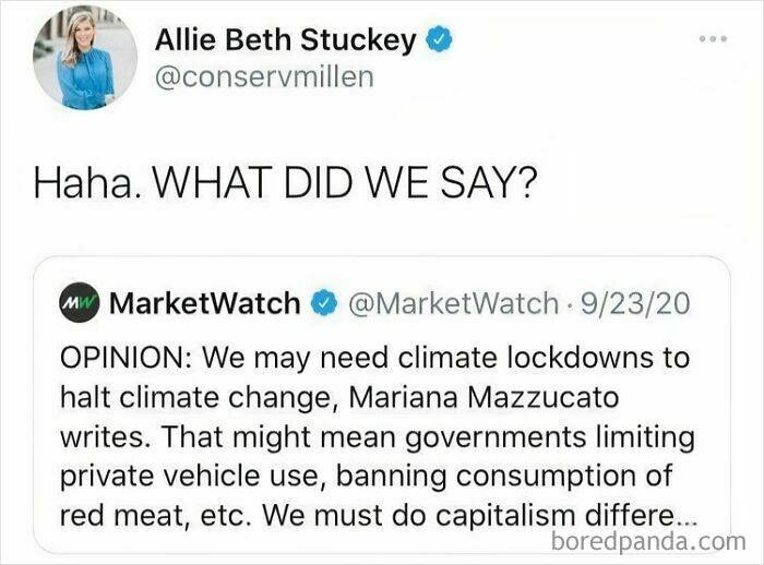 Tweet mocking statists on climate lockdowns, highlighting anarchists' critique of statist opinions and questionable takes.