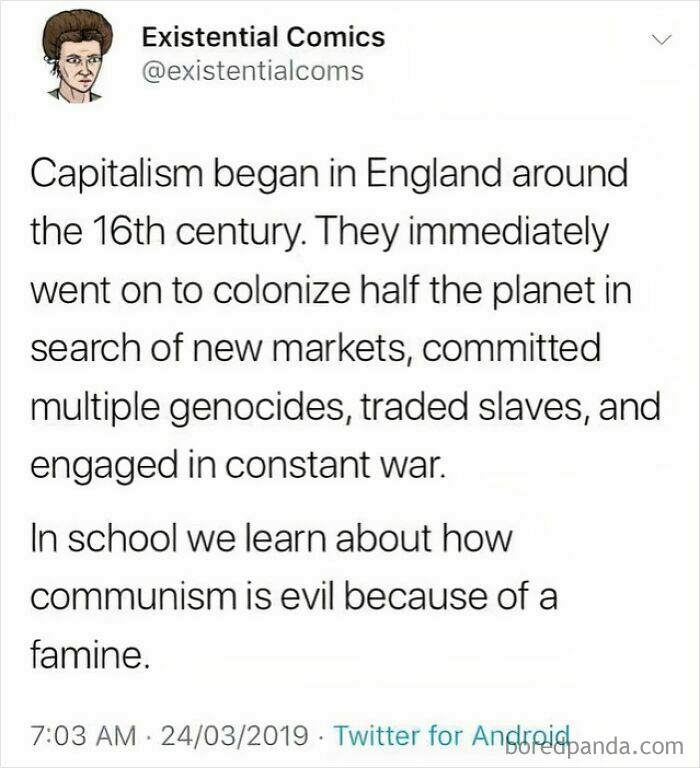 Tweet from Existential Comics highlighting capitalism's history of colonization, war, and genocide as critiqued by anarchists mocking statists.