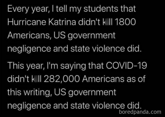 Text image showing a critique of US government negligence and state violence causing deaths in Hurricane Katrina and COVID-19.
